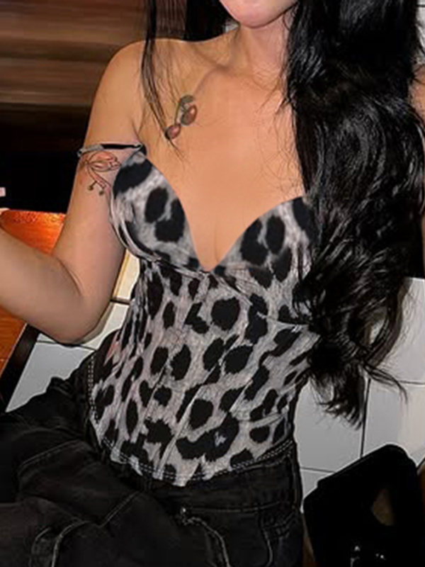Leopard print vesta za oblikovanje struka, V izrez, bez naramenica, bez rukava, uski kroj