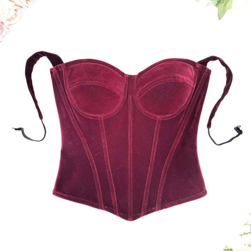 Велветен корсет с костички и свалящи се двойни презрамки, талия-изглаждащ потник в стил френски