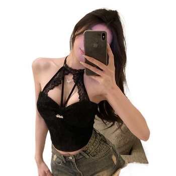 Δαντελένιο τοπ με halterneck για γυναίκες – ultra-λεπτές τιράντες, ύφασμα από δίχτυ κάτω από 30%, 3D μοτίβο, ultra-κοντό μήκος (≤40 cm) – Άνοιξη 2025