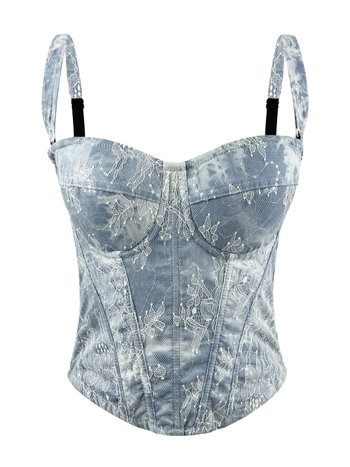 Denim top s trakama, uski kroj, kratka duljina ≤40 cm, poliester s elastanom, odvojive naramenice