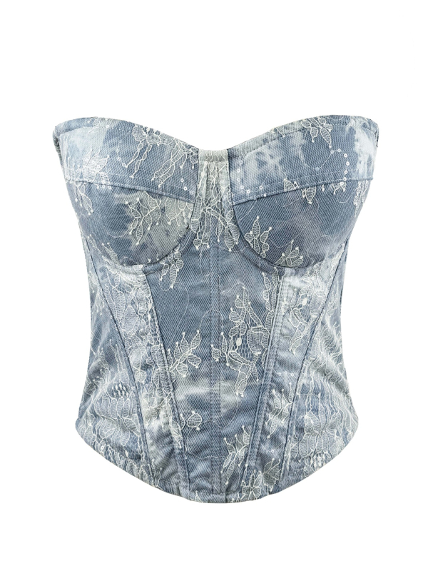 Denim top s trakama, uski kroj, kratka duljina ≤40 cm, poliester s elastanom, odvojive naramenice