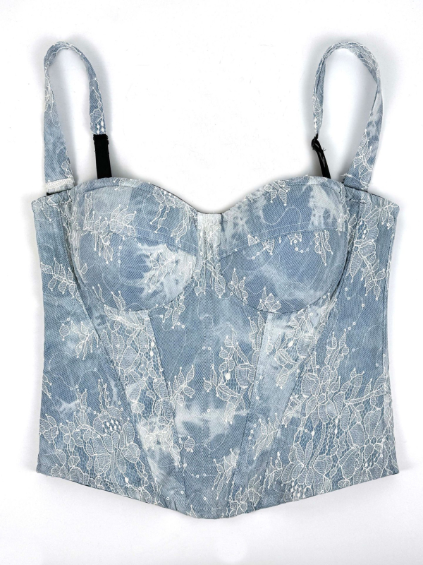 Denim top s trakama, uski kroj, kratka duljina ≤40 cm, poliester s elastanom, odvojive naramenice