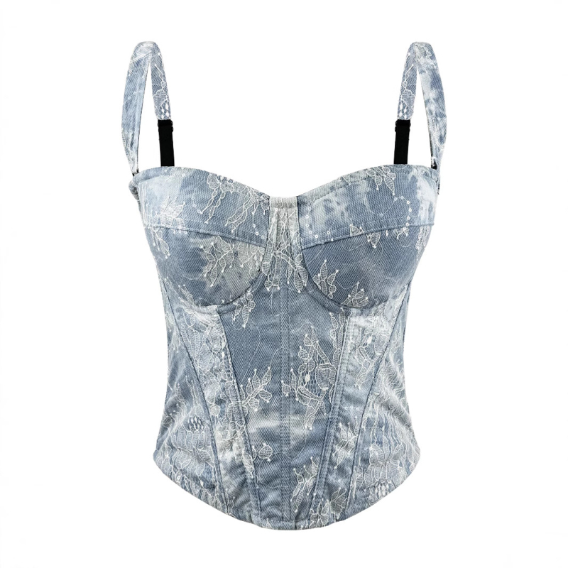 Denim top s trakama, uski kroj, kratka duljina ≤40 cm, poliester s elastanom, odvojive naramenice