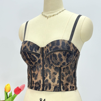 Halter top s fishbone korzetom, leopard uzorak, mreža od poliestera, odvojive naramenice, uski kroj