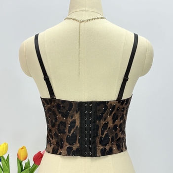Halter top s fishbone korzetom, leopard uzorak, mreža od poliestera, odvojive naramenice, uski kroj