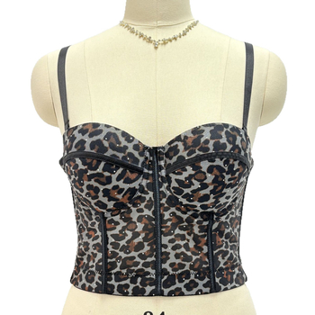 Halter top s fishbone korzetom, leopard uzorak, mreža od poliestera, odvojive naramenice, uski kroj