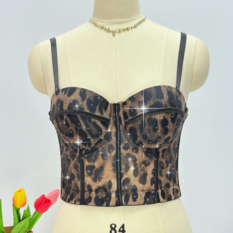 Halter top s fishbone korzetom, leopard uzorak, mreža od poliestera, odvojive naramenice, uski kroj