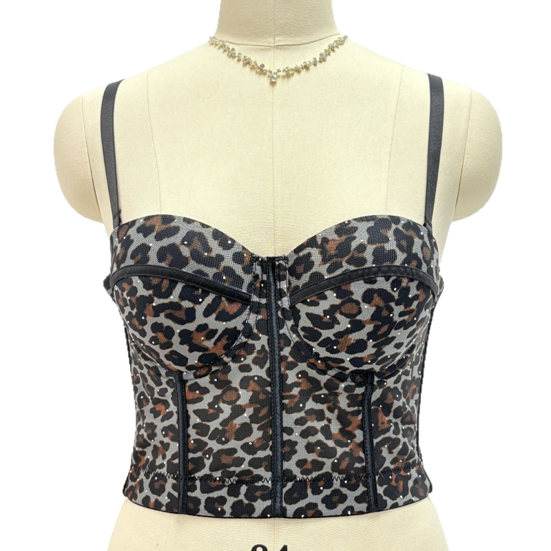 Halter top s fishbone korzetom, leopard uzorak, mreža od poliestera, odvojive naramenice, uski kroj