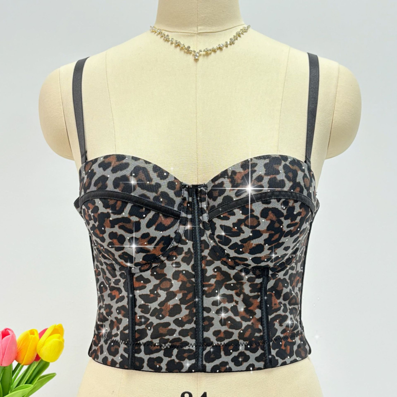 Halter top s fishbone korzetom, leopard uzorak, mreža od poliestera, odvojive naramenice, uski kroj