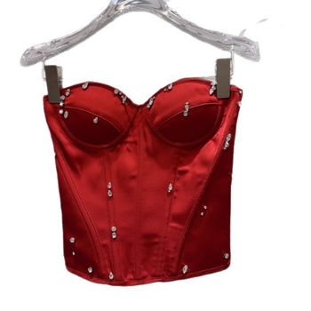 Pamukasti top bez ramena s rhinestones i perlama, podrška struka u obliku riblje kosti i jastučić za prsa; pull-over stil, 3D uzorak, 70-80% pamuk, 20-30% poliester