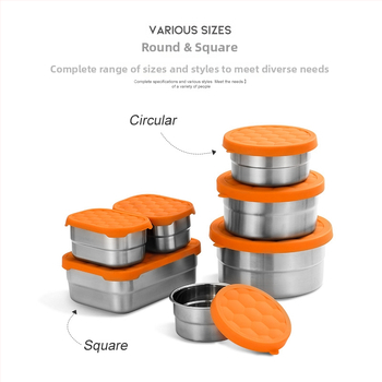 Кутия за съхранение на храна, 304 неръждаема стомана, силиконов мек капак, без електричество, квадратна или кръгла форма, капацитет 0.3–1.0 л
