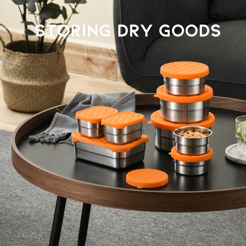 Кутия за съхранение на храна, 304 неръждаема стомана, силиконов мек капак, без електричество, квадратна или кръгла форма, капацитет 0.3–1.0 л