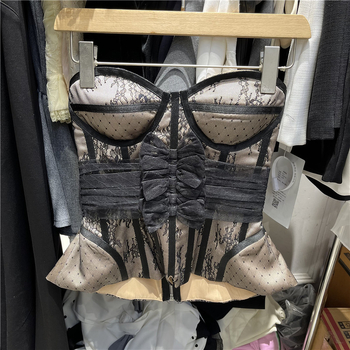 Ženski top bez naramenica od čipke i mreže, seksi stil, uski kroj, poliesterna smjesa 30–50%, mikroelastičnost, odvojive naramenice