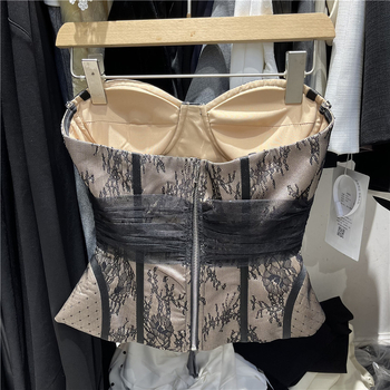 Ženski top bez naramenica od čipke i mreže, seksi stil, uski kroj, poliesterna smjesa 30–50%, mikroelastičnost, odvojive naramenice