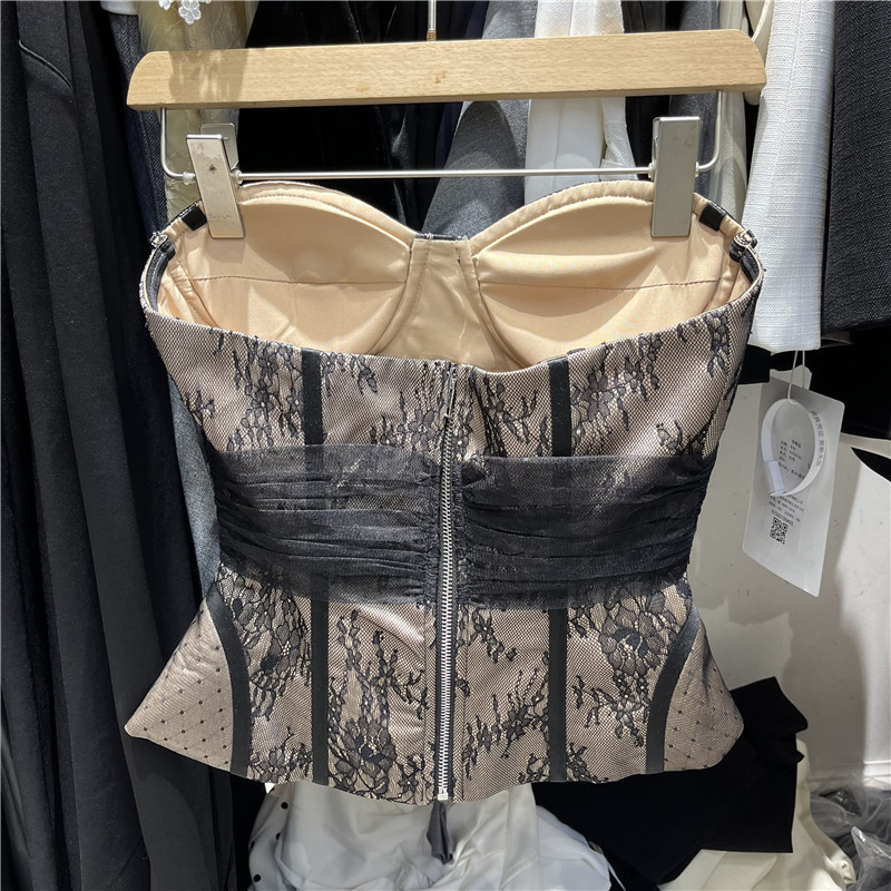 Ženski top bez naramenica od čipke i mreže, seksi stil, uski kroj, poliesterna smjesa 30–50%, mikroelastičnost, odvojive naramenice