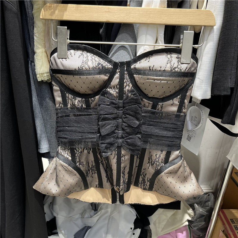 Ženski top bez naramenica od čipke i mreže, seksi stil, uski kroj, poliesterna smjesa 30–50%, mikroelastičnost, odvojive naramenice