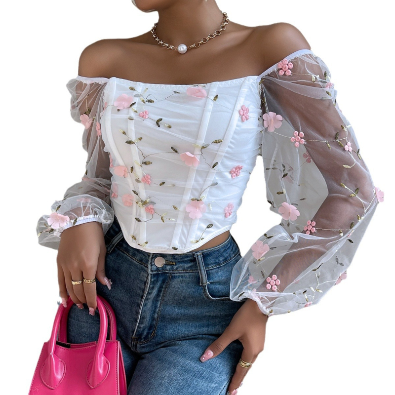 Čipkasti bustier top s dugim rukavima, mrežasti prozirni materijal, izvezeni cvjetni motivi, dvostruke ojačanja, mikroelastičan, 95% poliester