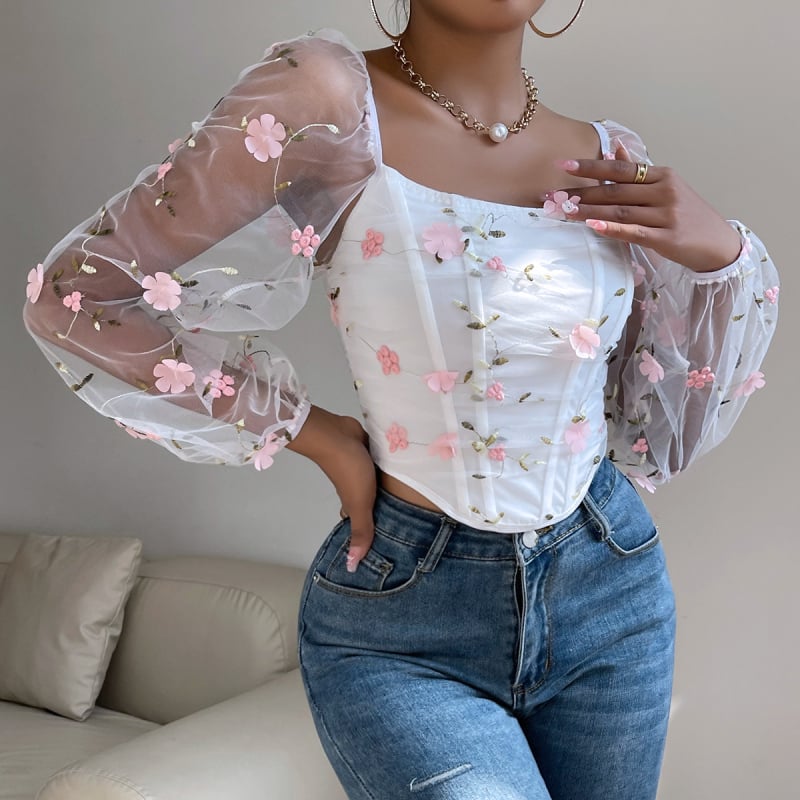 Čipkasti bustier top s dugim rukavima, mrežasti prozirni materijal, izvezeni cvjetni motivi, dvostruke ojačanja, mikroelastičan, 95% poliester