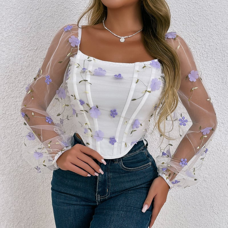 Čipkasti bustier top s dugim rukavima, mrežasti prozirni materijal, izvezeni cvjetni motivi, dvostruke ojačanja, mikroelastičan, 95% poliester