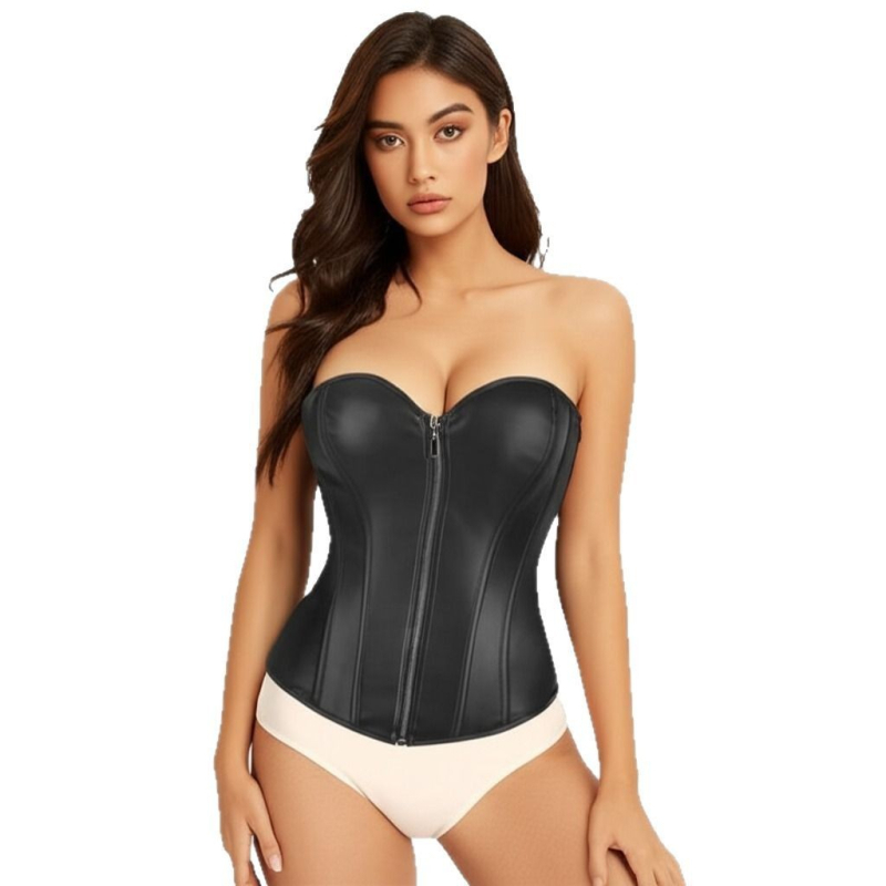 PU кожен корсет с цип, тънък силует, рибешки кости, без презрамки, за нощен клуб и сценично изпълнение