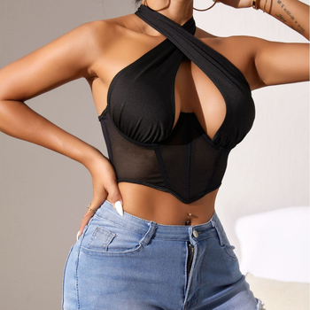 Дамски халтер сутиен с мрежеста част и костички – чашка 3/4, полиестерен плат, подплата полиестер, подвижна презрамка за врата