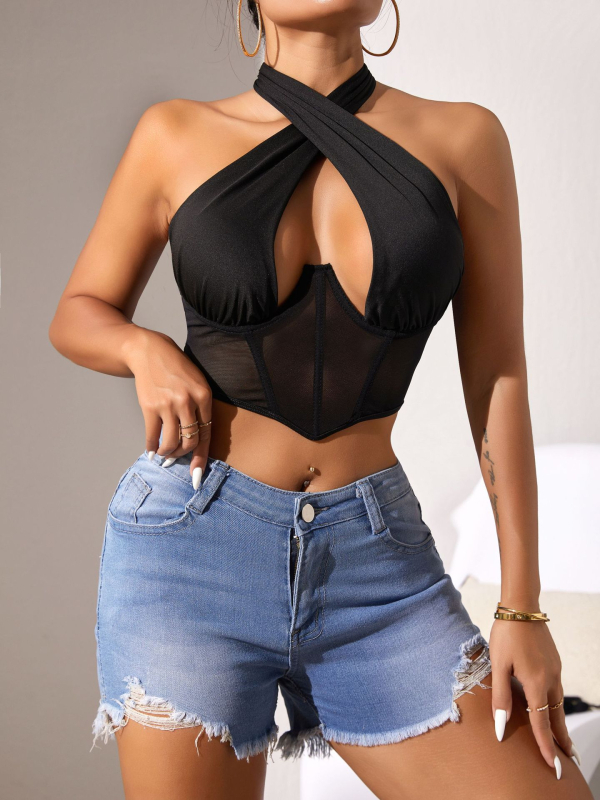 Дамски халтер сутиен с мрежеста част и костички – чашка 3/4, полиестерен плат, подплата полиестер, подвижна презрамка за врата