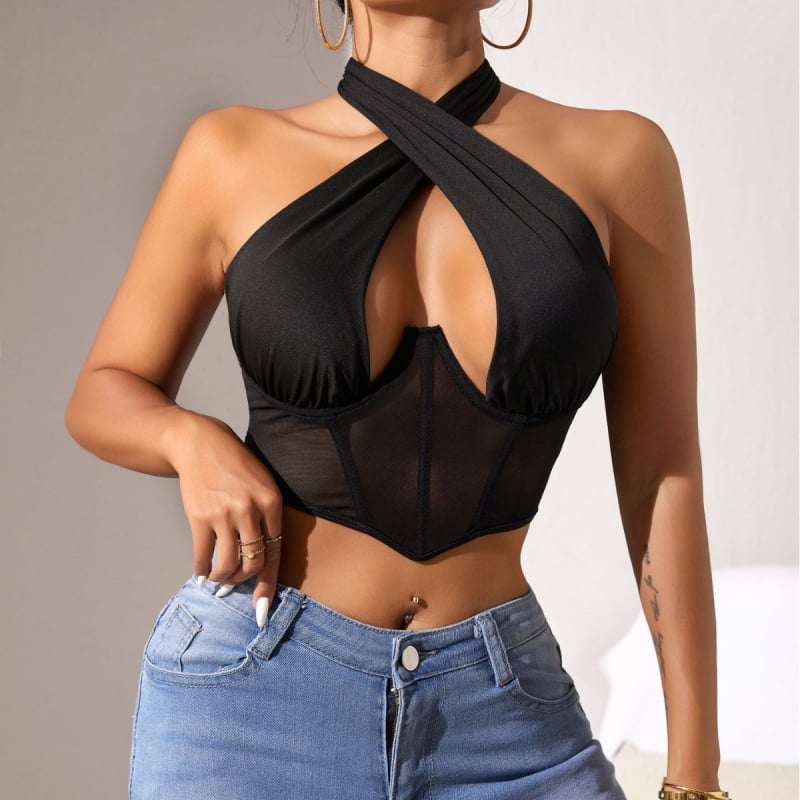 Дамски халтер сутиен с мрежеста част и костички – чашка 3/4, полиестерен плат, подплата полиестер, подвижна презрамка за врата