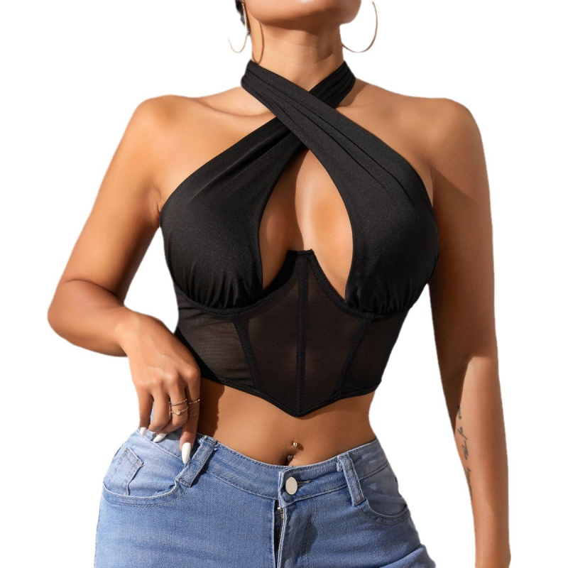 Дамски халтер сутиен с мрежеста част и костички – чашка 3/4, полиестерен плат, подплата полиестер, подвижна презрамка за врата