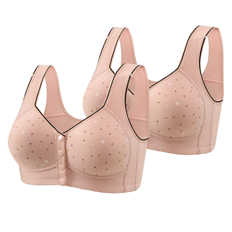 Бюстгальтер с предно закопчаване, безжични чашки, пълна чашка, тънко формовани чашки, нейлонова материя, фиксирани двойни презрамки