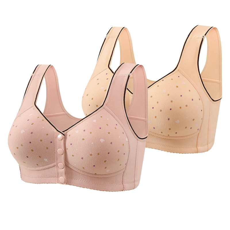 Бюстгальтер с предно закопчаване, безжични чашки, пълна чашка, тънко формовани чашки, нейлонова материя, фиксирани двойни презрамки
