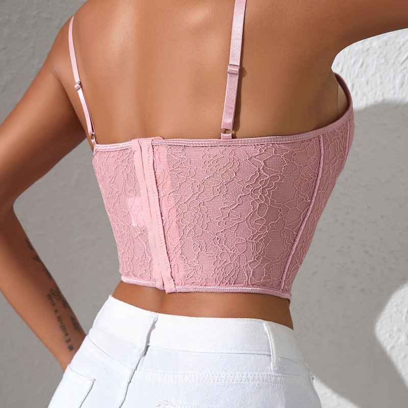 Csipkés top-büstier deréknál szorítóval, rövid sling-stílusú — poliészter/elasztán