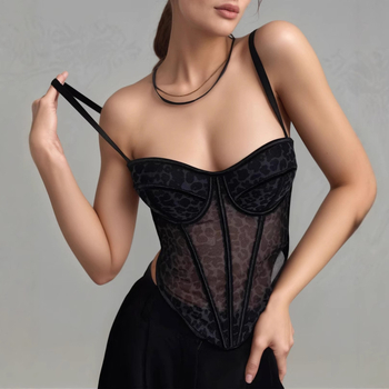 Leopárd mintás poliészter csőtop hálós panelokkal, korzett boning betétekkel a hátsó formázáshoz