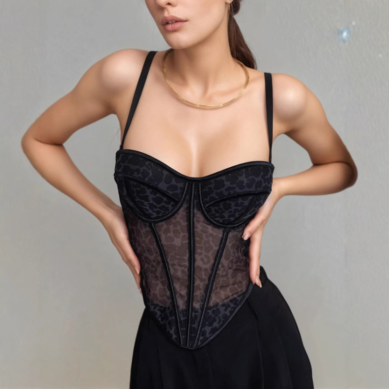 Leopárd mintás poliészter csőtop hálós panelokkal, korzett boning betétekkel a hátsó formázáshoz