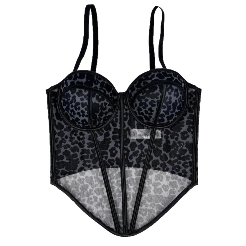 Leopárd mintás poliészter csőtop hálós panelokkal, korzett boning betétekkel a hátsó formázáshoz
