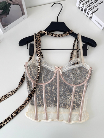 Halter top s leopard printom, s odvojivim naramenicama, A-oblik kroja, poliester, proljeće 2025