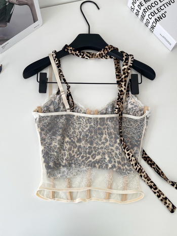 Halter top s leopard printom, s odvojivim naramenicama, A-oblik kroja, poliester, proljeće 2025