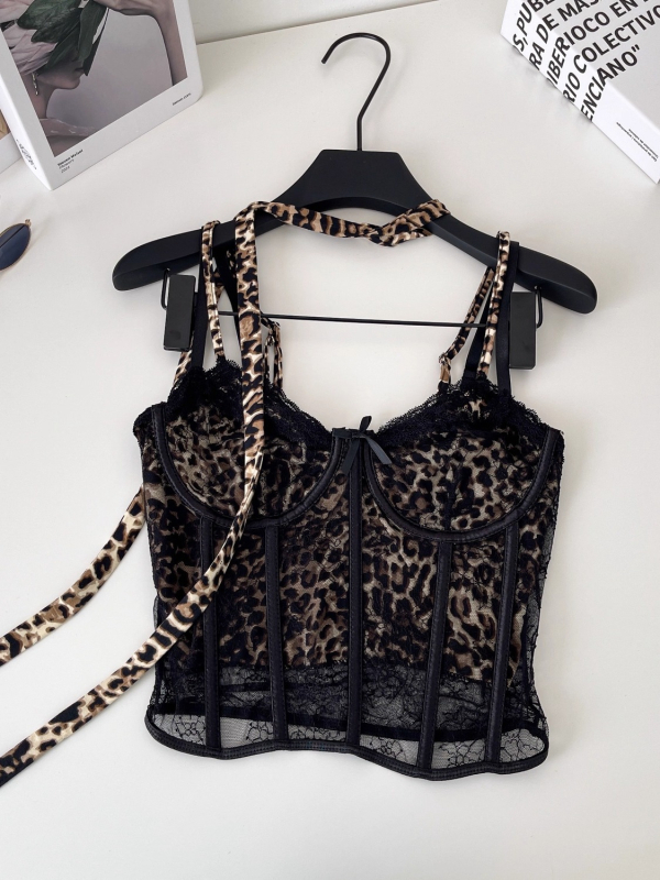 Halter top s leopard printom, s odvojivim naramenicama, A-oblik kroja, poliester, proljeće 2025