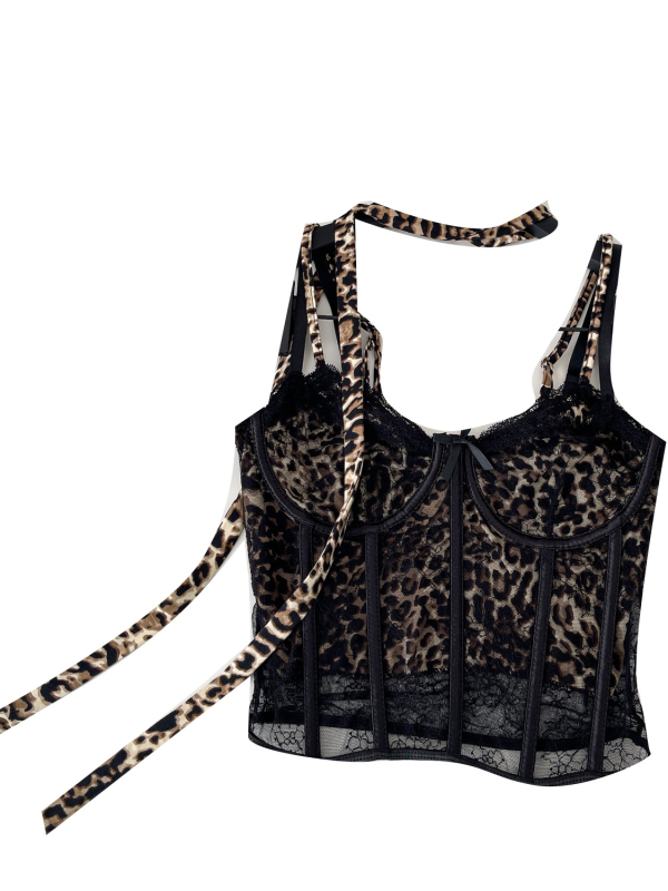 Halter top s leopard printom, s odvojivim naramenicama, A-oblik kroja, poliester, proljeće 2025