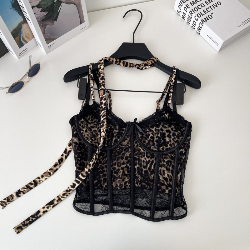 Halter top s leopard printom, s odvojivim naramenicama, A-oblik kroja, poliester, proljeće 2025