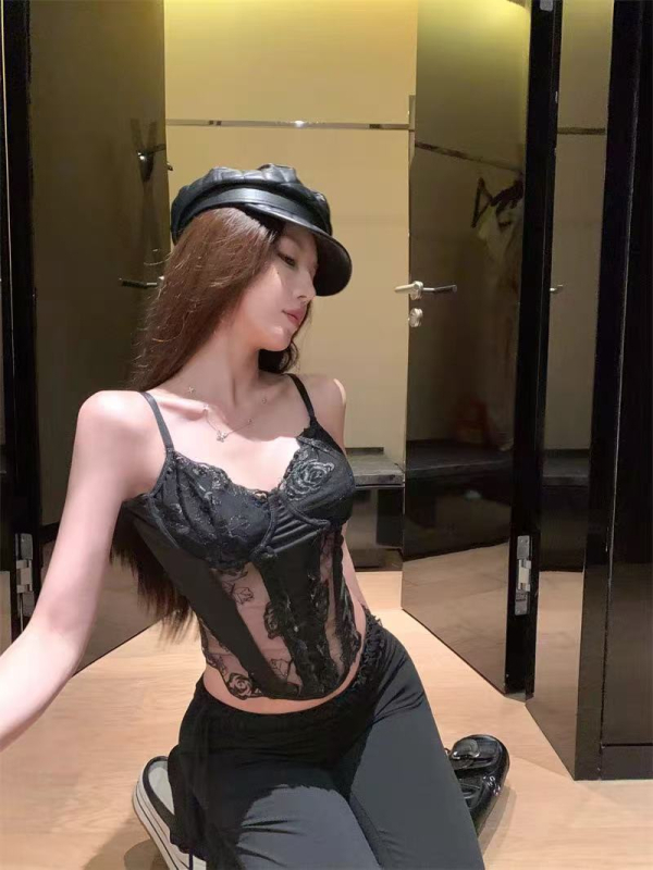 Потник от найлон с 3D флорална дантелена бродерия, кръгло деколте, тънък плат, за всички сезони, код 2911