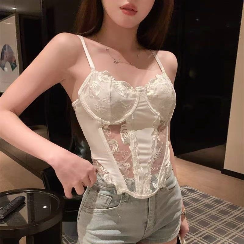 Потник от найлон с 3D флорална дантелена бродерия, кръгло деколте, тънък плат, за всички сезони, код 2911