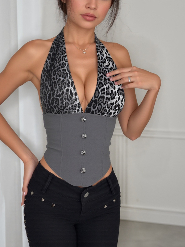 Halter top s leopard uzorkom i unutarnjim kopčama, uska silueta, poliester