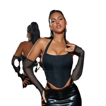 Корсет топ с мрежеста материя, рибени кости, презрамки с връзки, регулиране назад чрез eyelet buckle, 90–95% полиестер