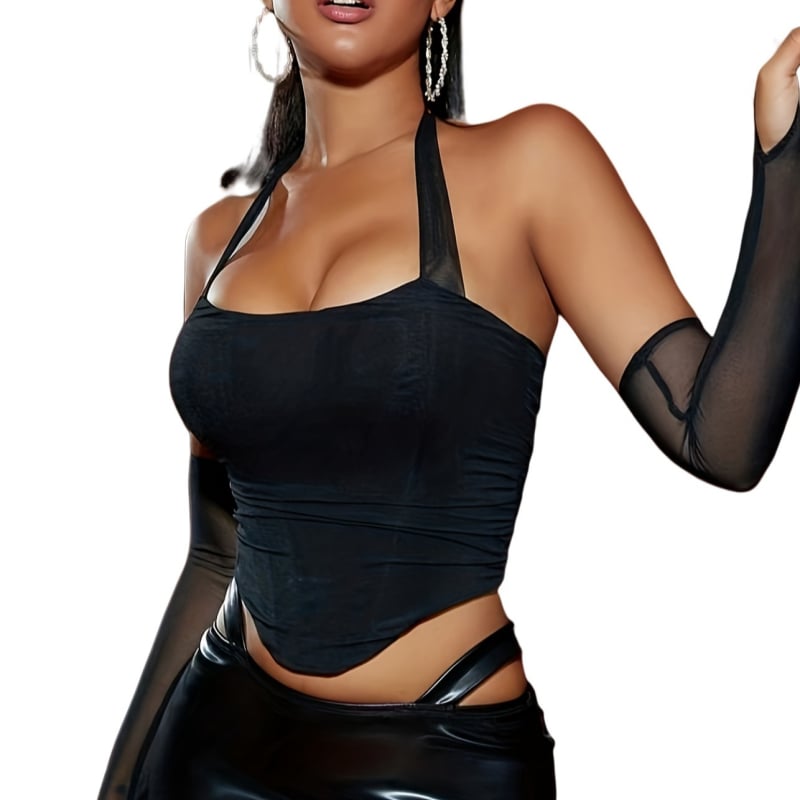 Корсет топ с мрежеста материя, рибени кости, презрамки с връзки, регулиране назад чрез eyelet buckle, 90–95% полиестер