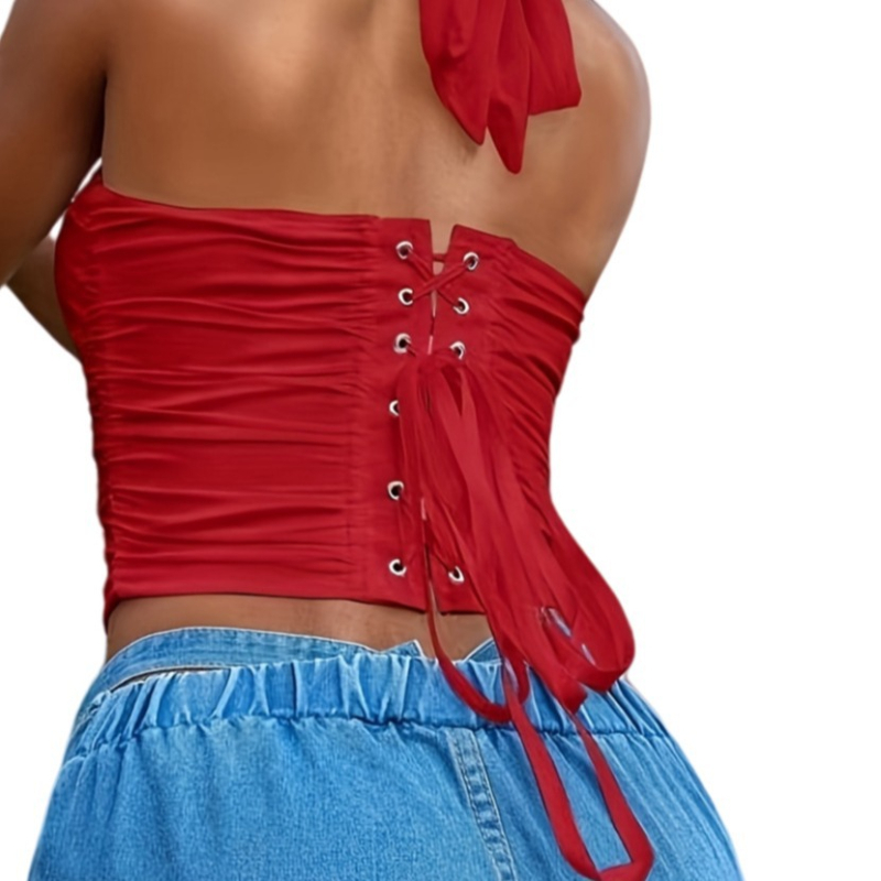 Корсет топ с мрежеста материя, рибени кости, презрамки с връзки, регулиране назад чрез eyelet buckle, 90–95% полиестер