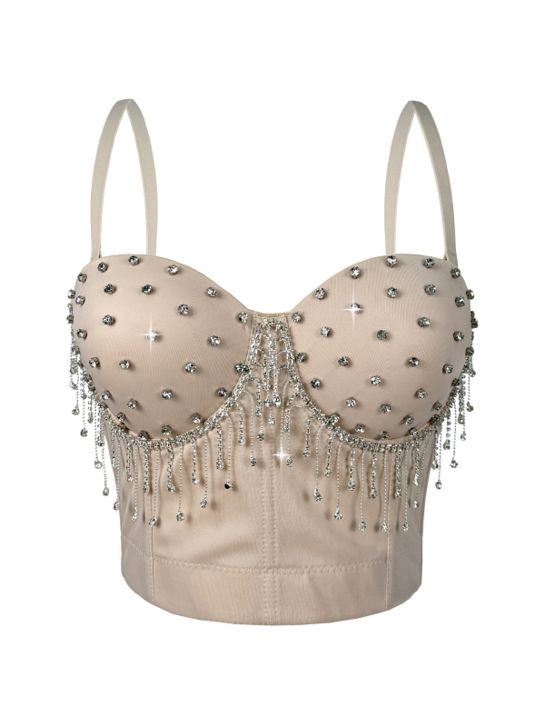 Camisole top s resicama i perlicama, sling stil, uski kroj, poliester, duljina ≤40 cm, odvojive naramenice