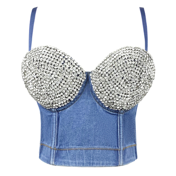 Деним потник без ръкави с открито рамо и диамантени орнаменти, 80% памук, средна дебелина на тъканта