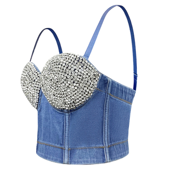 Деним потник без ръкави с открито рамо и диамантени орнаменти, 80% памук, средна дебелина на тъканта