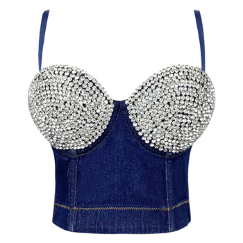 Деним потник без ръкави с открито рамо и диамантени орнаменти, 80% памук, средна дебелина на тъканта