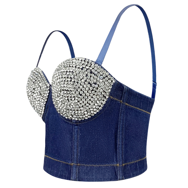 Деним потник без ръкави с открито рамо и диамантени орнаменти, 80% памук, средна дебелина на тъканта